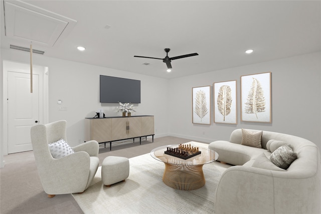 1827 Chantilly Ln, Houston, TX 77018 - carpeted living room featuring attic access, recessed lighting, ceiling fan, and baseboards