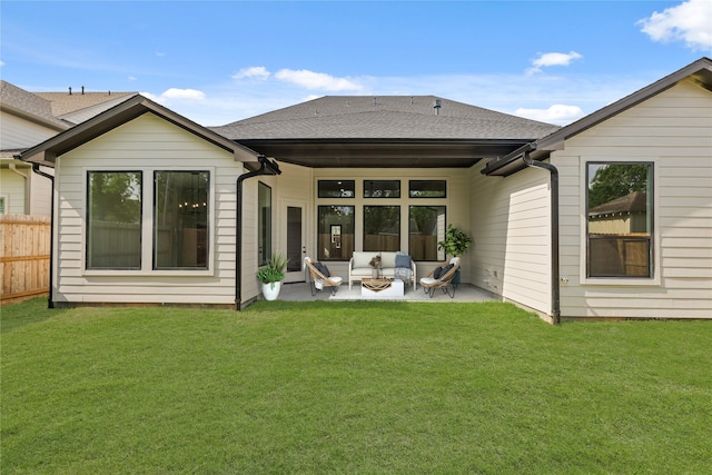 1827 Chantilly Ln, Houston, TX 77018 - back of house with outdoor lounge area, a patio, and a shingled roof