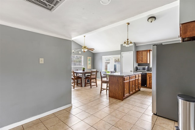 7730 Wickersham Pl, Beaumont, TX 77706 - kitchen featuring appliances with stainless steel finishes, ceiling fan, light tile patterned flooring, vaulted ceiling, and ornamental molding