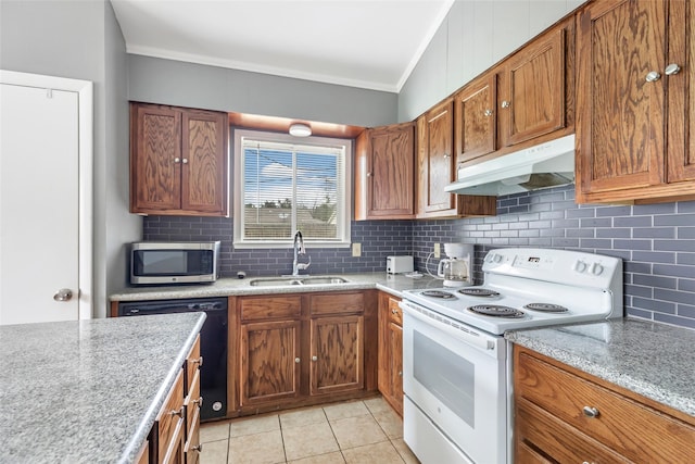 7730 Wickersham Pl, Beaumont, TX 77706 - kitchen featuring white electric range oven, a sink, stainless steel microwave, under cabinet range hood, and dishwasher