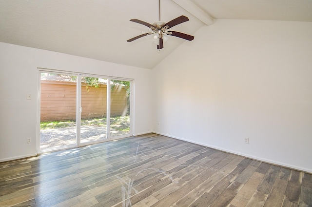 empty room with wood-type flooring, beam ceiling, ceiling fan, baseboards, and high vaulted ceiling