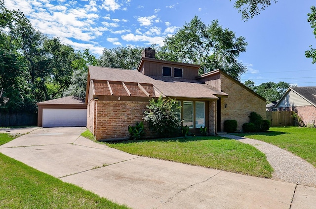 mid-century modern home with brick siding, a chimney, and a detached garage