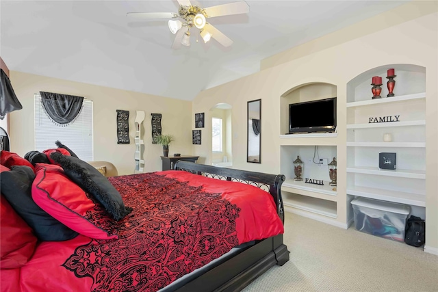17906 Camden Oaks Ln, Richmond, TX 77407 - carpeted bedroom featuring ceiling fan, arched walkways, and lofted ceiling
