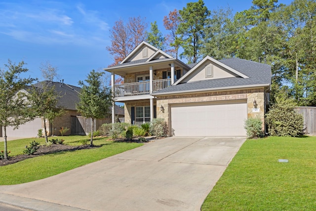 315 Cadela Dr, Montgomery, TX 77316 - view of front of home with concrete driveway, an attached garage, a shingled roof, a balcony, and covered porch