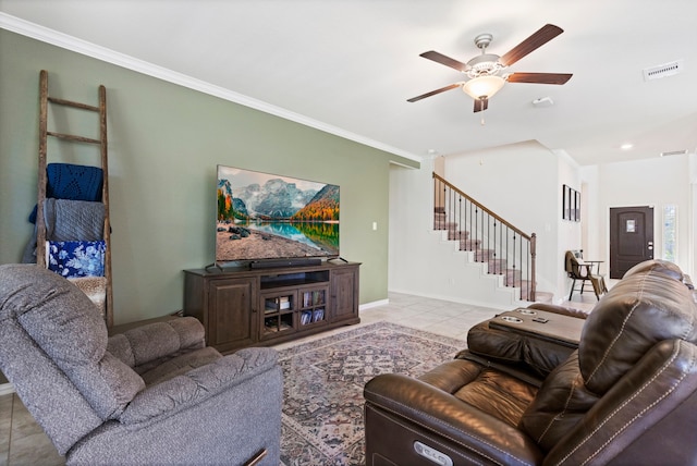 315 Cadela Dr, Montgomery, TX 77316 - tiled living room with stairs, ceiling fan, ornamental molding, and baseboards