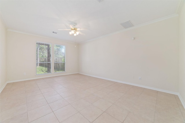 12236 S Shadow Cove Dr, Houston, TX 77082 - empty room featuring light tile patterned flooring, ceiling fan, crown molding, and baseboards