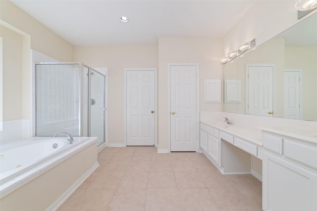 12236 S Shadow Cove Dr, Houston, TX 77082 - full bathroom with a shower stall, vanity, a bath, tile patterned floors, and recessed lighting