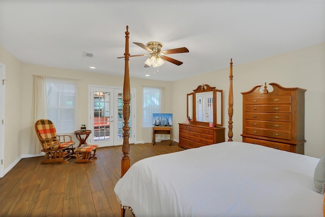 2810 Cottonwood Dr, Katy, TX 77493 - bedroom with wood finished floors, baseboards, access to exterior, recessed lighting, and ceiling fan