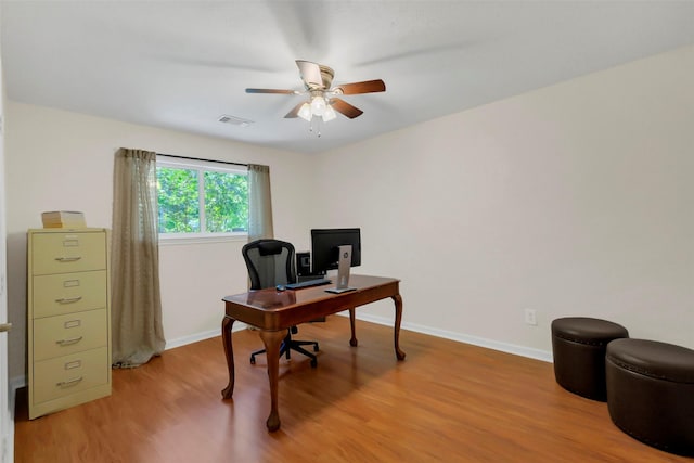 2810 Cottonwood Dr, Katy, TX 77493 - office area with light wood-type flooring, a ceiling fan, and baseboards