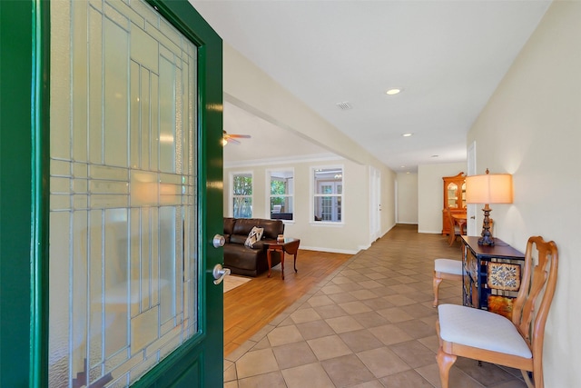 2810 Cottonwood Dr, Katy, TX 77493 - corridor with baseboards, recessed lighting, light wood-style flooring, and ornamental molding