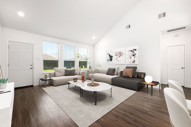 6223 Milbridge Creek Ln, Katy, TX 77493 - living room with high vaulted ceiling, dark wood-style floors, baseboards, and recessed lighting
