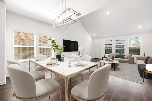 6223 Milbridge Creek Ln, Katy, TX 77493 - dining space featuring dark wood-style floors, high vaulted ceiling, recessed lighting, and baseboards