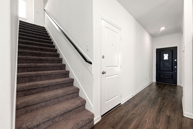 6223 Milbridge Creek Ln, Katy, TX 77493 - foyer entrance featuring stairs, dark wood-style flooring, baseboards, and recessed lighting