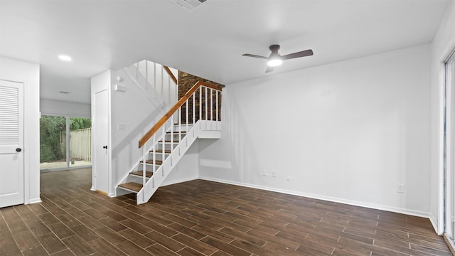 2139 E Settlers Way, The Woodlands, TX 77380 - staircase featuring baseboards, a ceiling fan, wood finished floors, and recessed lighting