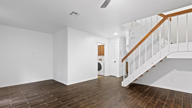 2139 E Settlers Way, The Woodlands, TX 77380 - unfurnished living room featuring baseboards, wood finished floors, stairway, recessed lighting, and ceiling fan