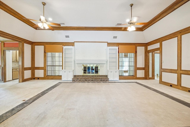 15706 Pinewood Cove Dr, Houston, TX 77062 - unfurnished living room with ceiling fan, inlaid floor details, ornamental molding, carpet, and healthy amount of natural light
