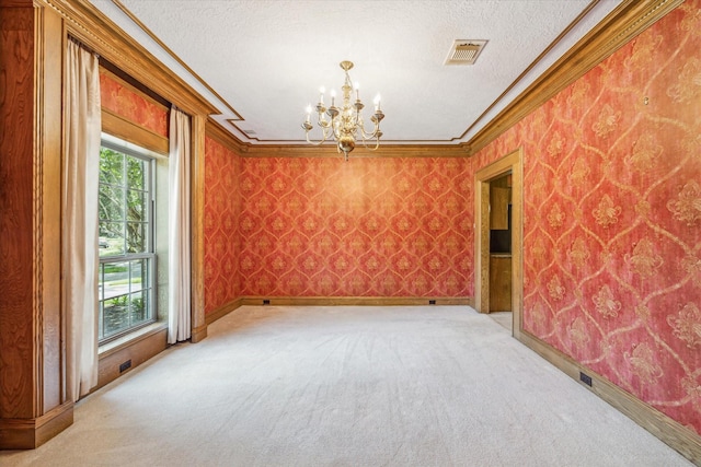 15706 Pinewood Cove Dr, Houston, TX 77062 - spare room with ornamental molding, light colored carpet, a chandelier, a textured ceiling, and wallpapered walls