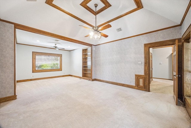 15706 Pinewood Cove Dr, Houston, TX 77062 - empty room featuring light colored carpet, a ceiling fan, vaulted ceiling, crown molding, and baseboards