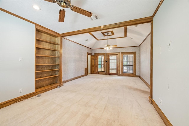 15706 Pinewood Cove Dr, Houston, TX 77062 - unfurnished living room featuring ceiling fan, vaulted ceiling, baseboards, light carpet, and ornamental molding