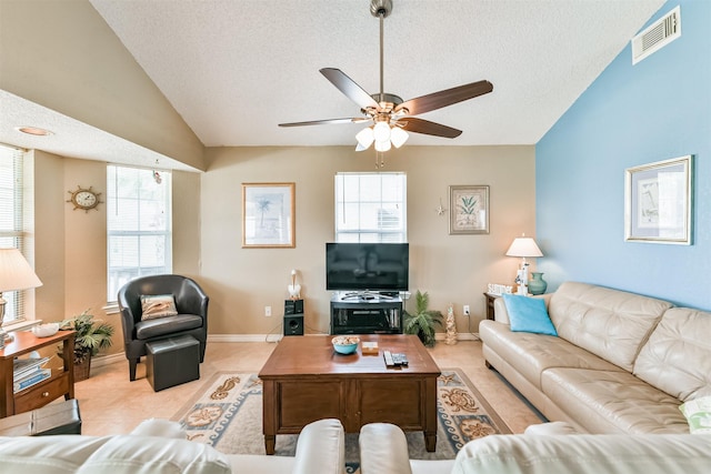 4030 Fort Bend Dr, Galveston, TX 77554 - living area featuring a ceiling fan, a textured ceiling, lofted ceiling, and baseboards
