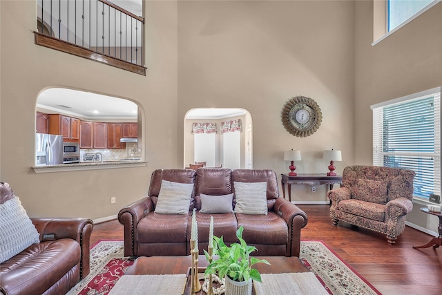 24628 Hosford Meadows Dr, Porter, TX 77365 - living area with arched walkways, a high ceiling, plenty of natural light, and dark wood-style floors