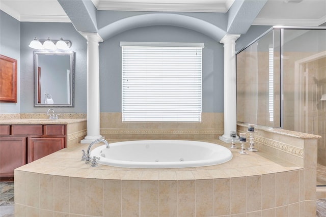 24628 Hosford Meadows Dr, Porter, TX 77365 - full bath featuring decorative columns, tiled shower, a jetted tub, crown molding, and vanity