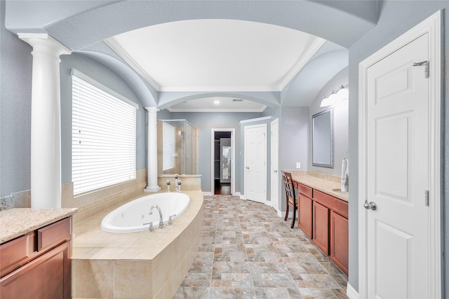 24628 Hosford Meadows Dr, Porter, TX 77365 - full bath featuring crown molding, a shower stall, a whirlpool tub, decorative columns, and vanity