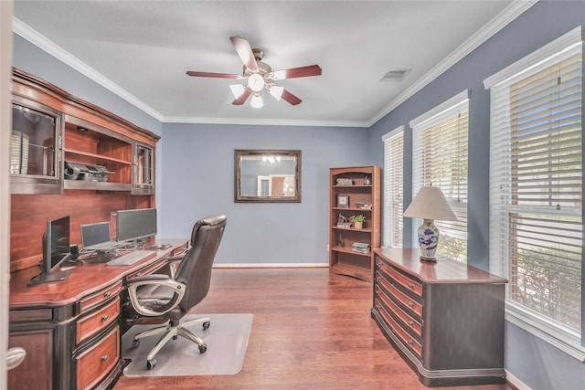 24628 Hosford Meadows Dr, Porter, TX 77365 - office space with a ceiling fan, baseboards, dark wood finished floors, and crown molding