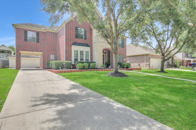 24628 Hosford Meadows Dr, Porter, TX 77365 - traditional home featuring brick siding, a front lawn, an attached garage, and driveway