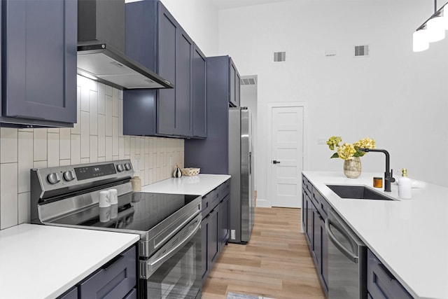 4021 King St, Houston, TX 77026 - kitchen with appliances with stainless steel finishes, a sink, wall chimney exhaust hood, light wood finished floors, and light countertops