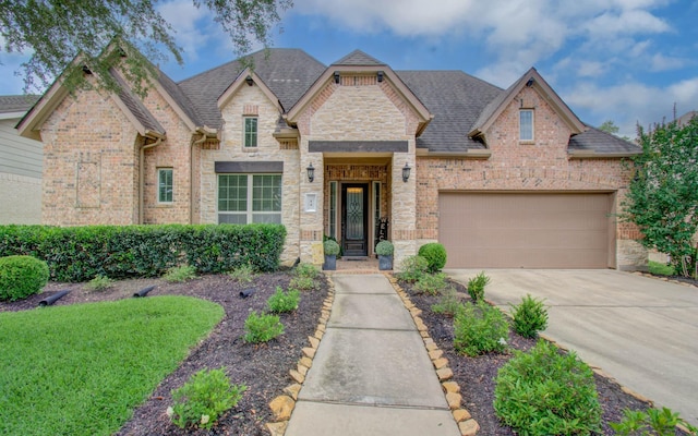 14 Roma Ridge Dr, Missouri City, TX 77459 - view of front of property with concrete driveway, a garage, brick siding, and a shingled roof