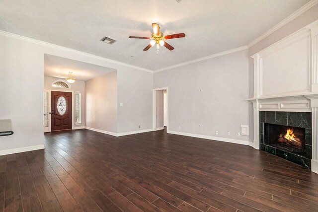 14003 Timbergreen Dr, Magnolia, TX 77355 - unfurnished living room with dark wood-type flooring, a ceiling fan, baseboards, a fireplace, and crown molding