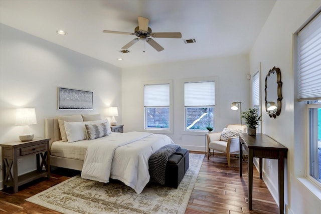 924 E 27th St, Houston, TX 77009 - bedroom featuring dark wood-style floors, baseboards, a ceiling fan, and recessed lighting