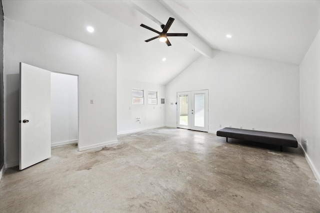 924 E 27th St, Houston, TX 77009 - unfurnished living room with beam ceiling, unfinished concrete flooring, french doors, ceiling fan, and baseboards