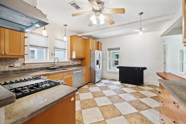 924 E 27th St, Houston, TX 77009 - kitchen featuring stainless steel appliances, island exhaust hood, a sink, decorative backsplash, and a ceiling fan
