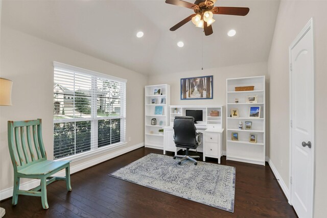 16819 Big Reed Dr, Humble, TX 77346 - office space featuring lofted ceiling, a ceiling fan, dark wood-style floors, and baseboards
