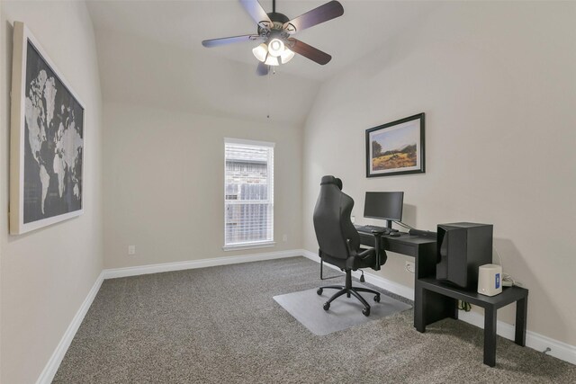 16819 Big Reed Dr, Humble, TX 77346 - carpeted home office featuring ceiling fan, lofted ceiling, and baseboards