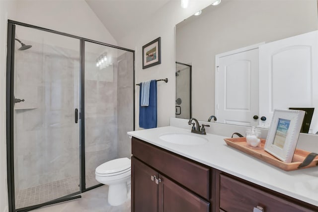 16819 Big Reed Dr, Humble, TX 77346 - bathroom featuring a shower stall, vanity, lofted ceiling, toilet, and tile patterned flooring