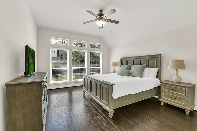 16819 Big Reed Dr, Humble, TX 77346 - bedroom featuring lofted ceiling, dark wood finished floors, and a ceiling fan