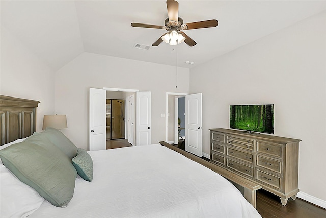 16819 Big Reed Dr, Humble, TX 77346 - bedroom featuring lofted ceiling, dark wood finished floors, baseboards, and a ceiling fan