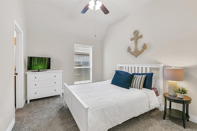 16819 Big Reed Dr, Humble, TX 77346 - bedroom with vaulted ceiling, carpet floors, baseboards, and a ceiling fan