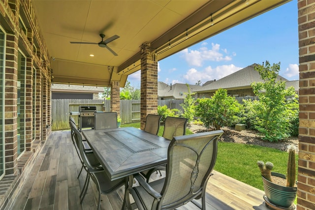16819 Big Reed Dr, Humble, TX 77346 - deck featuring ceiling fan, outdoor dining area, and area for grilling