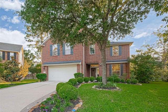 7 Tillamook Ct, Spring, TX 77389 - view of front of property with brick siding, a garage, concrete driveway, and a front yard