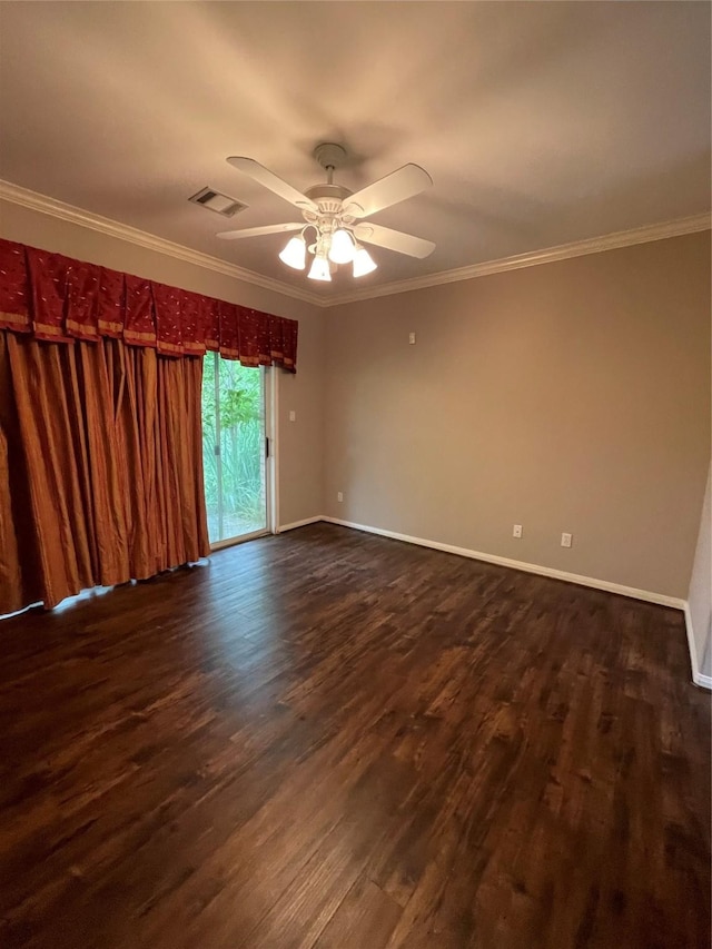 10611 Crystal Cove Dr, Magnolia, TX 77354 - empty room featuring crown molding, dark wood finished floors, baseboards, and ceiling fan
