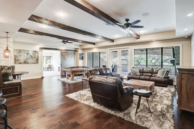 6206 Terwilliger Way, Houston, TX 77057 - living room with a ceiling fan, pool table, hardwood / wood-style flooring, beam ceiling, and baseboards