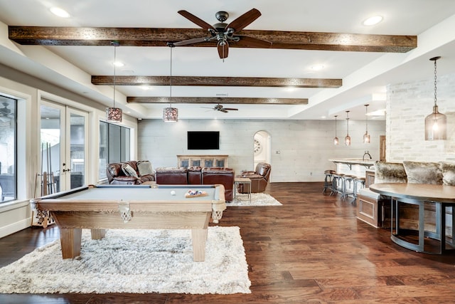 6206 Terwilliger Way, Houston, TX 77057 - playroom with ceiling fan, beamed ceiling, dark wood-style floors, french doors, and pool table