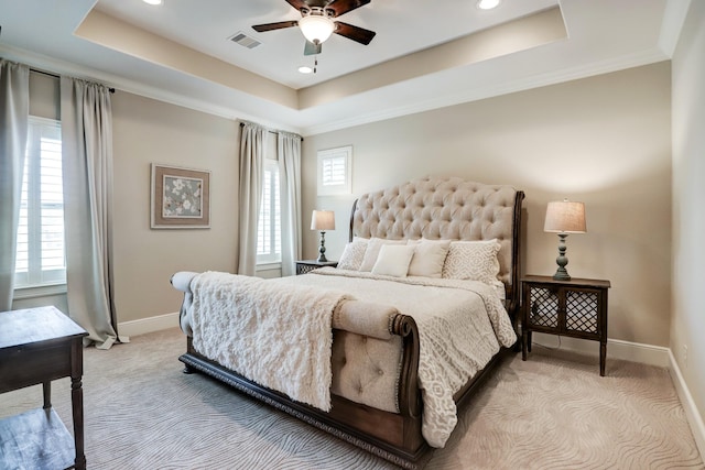 6206 Terwilliger Way, Houston, TX 77057 - bedroom with a tray ceiling, light carpet, baseboards, recessed lighting, and ceiling fan