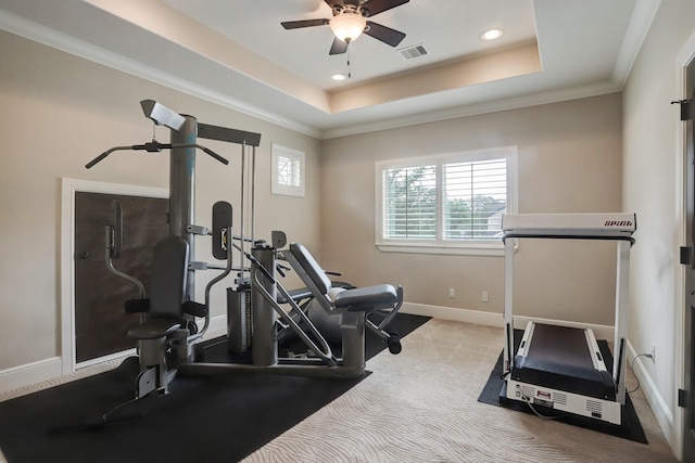 6206 Terwilliger Way, Houston, TX 77057 - exercise room featuring a ceiling fan, healthy amount of natural light, a tray ceiling, recessed lighting, and baseboards