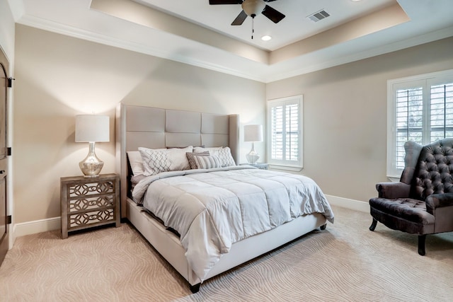 6206 Terwilliger Way, Houston, TX 77057 - bedroom featuring a tray ceiling, light carpet, baseboards, crown molding, and recessed lighting