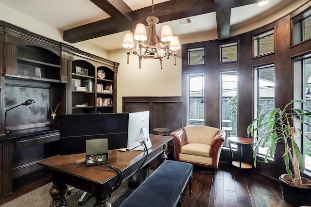 6206 Terwilliger Way, Houston, TX 77057 - office space with dark wood-style floors, coffered ceiling, a chandelier, and beamed ceiling